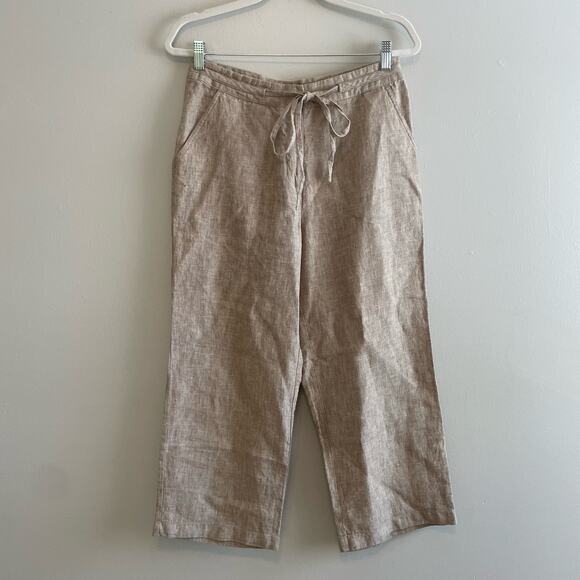 Pure Collection Size 12 Brown 100% Linen Capri Pants Drawstring Waist Pockets - Picture 1 of 7